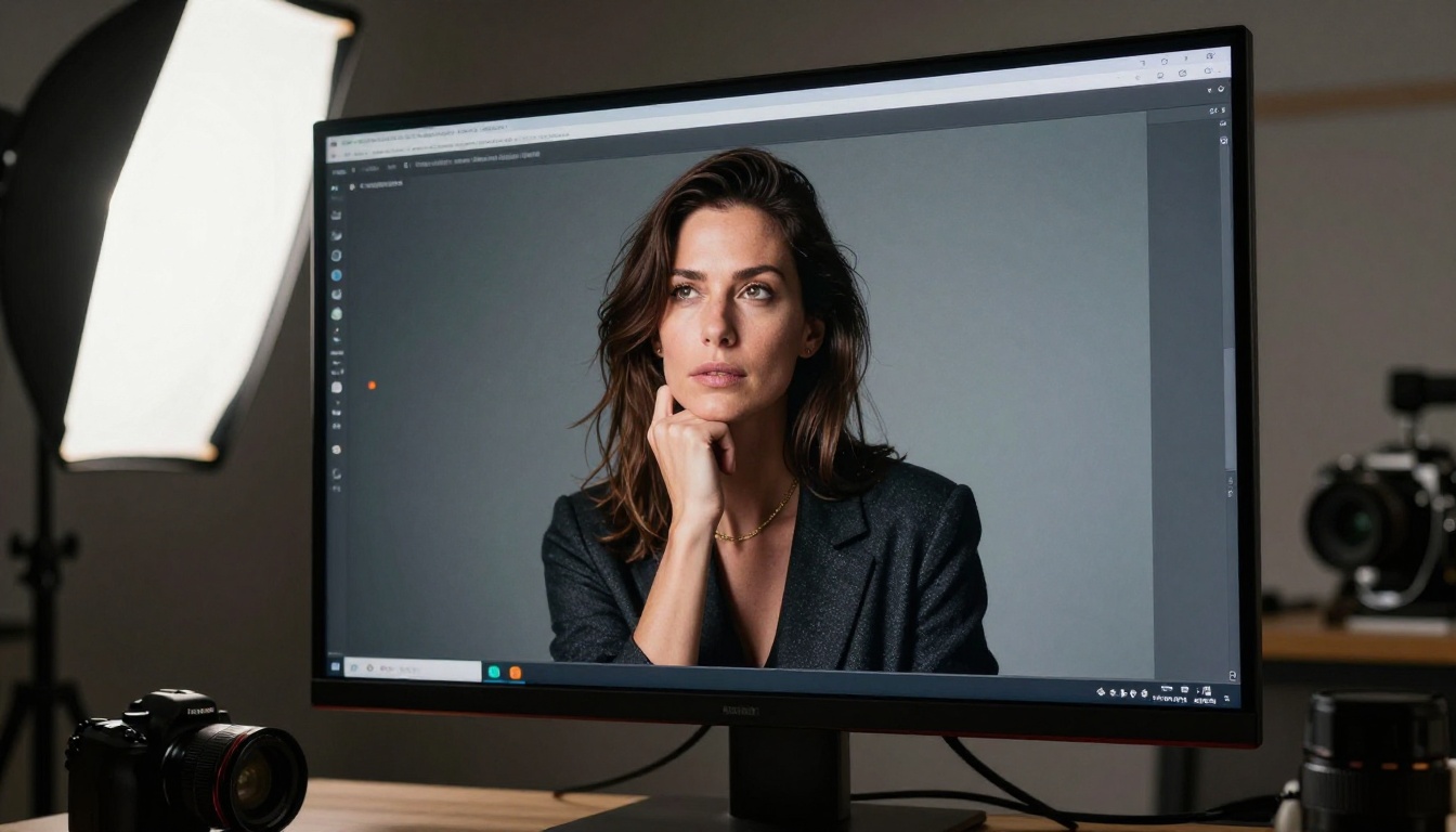 Photographer reviewing AI-enhanced visuals on monitor