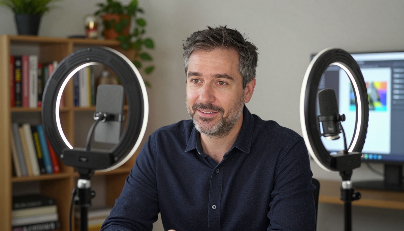 Confident blogger recording video in home studio