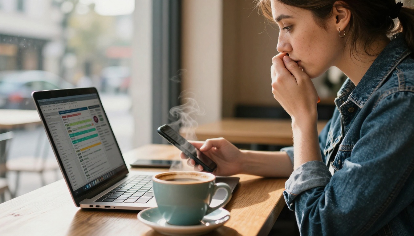 Social media manager at sunlit cafe with analytics