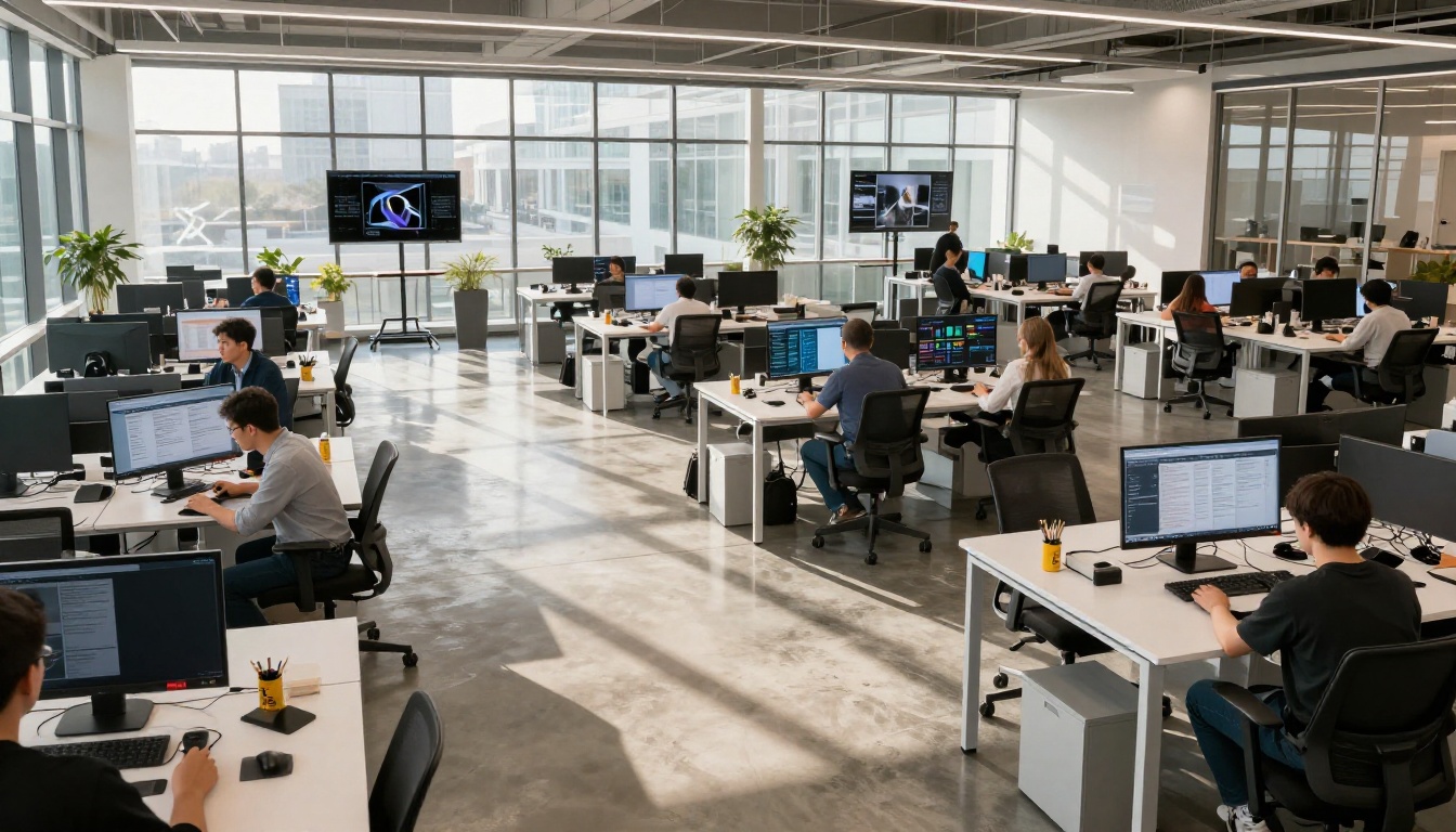 Modern open-plan creative agency office wide shot