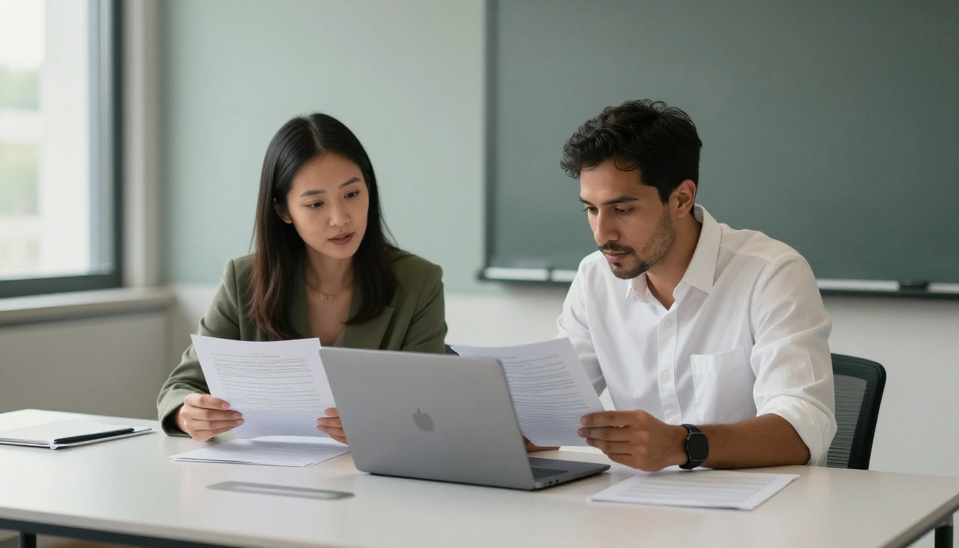 Two professionals reviewing documents together at a minimalist conference table