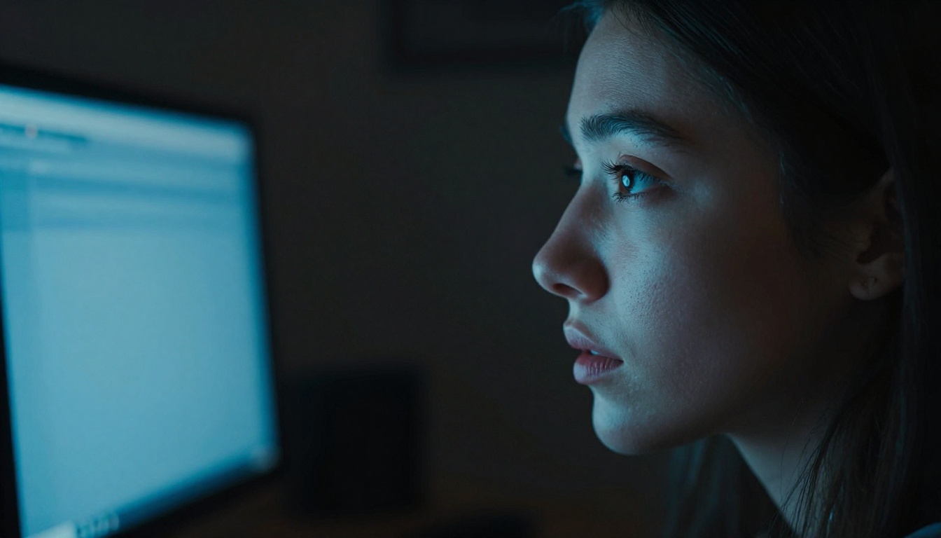 Creator focused at monitor in dramatic low light