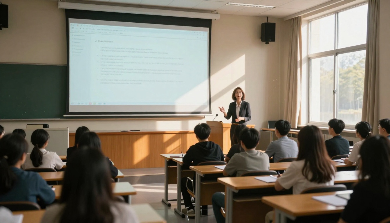 Female professor speaking confidently at the front of a sunlit university lecture hall
