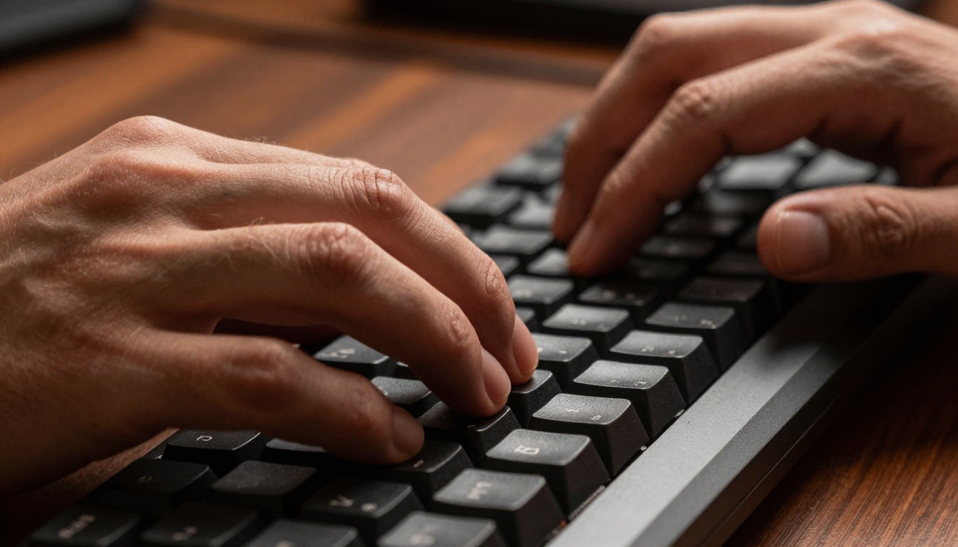 Close-up of hands typing on a mechanical keyboard, warm directional desk lamp light