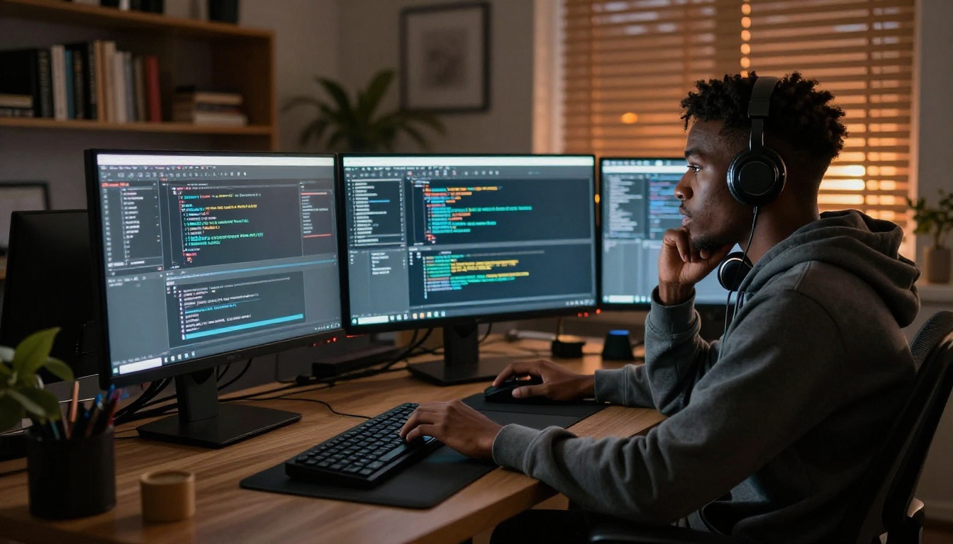 Young man working in a dimly lit home office surrounded by glowing monitor screens