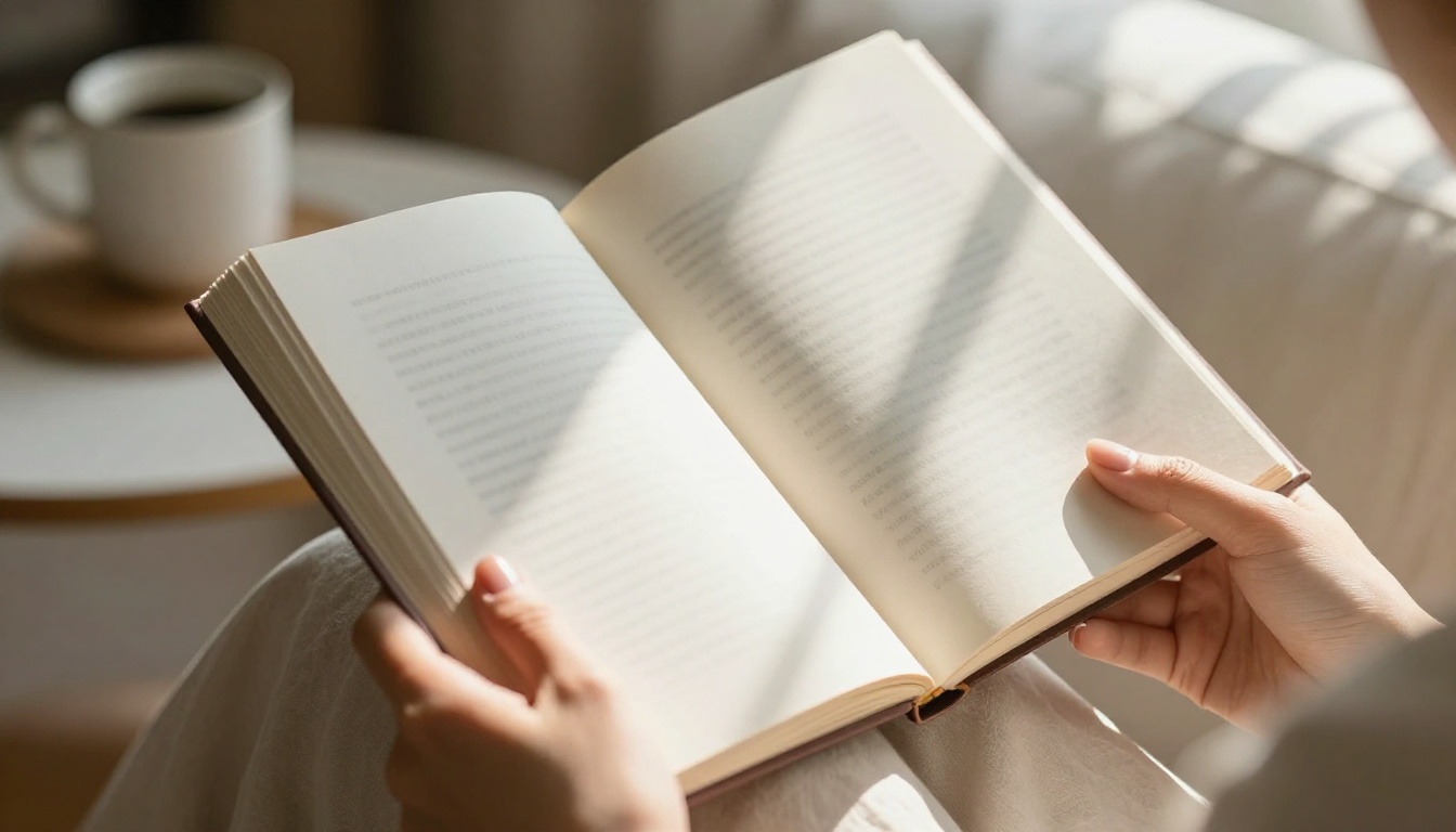 Woman sitting on a sofa, reading an open book, warm sunlight across the pages