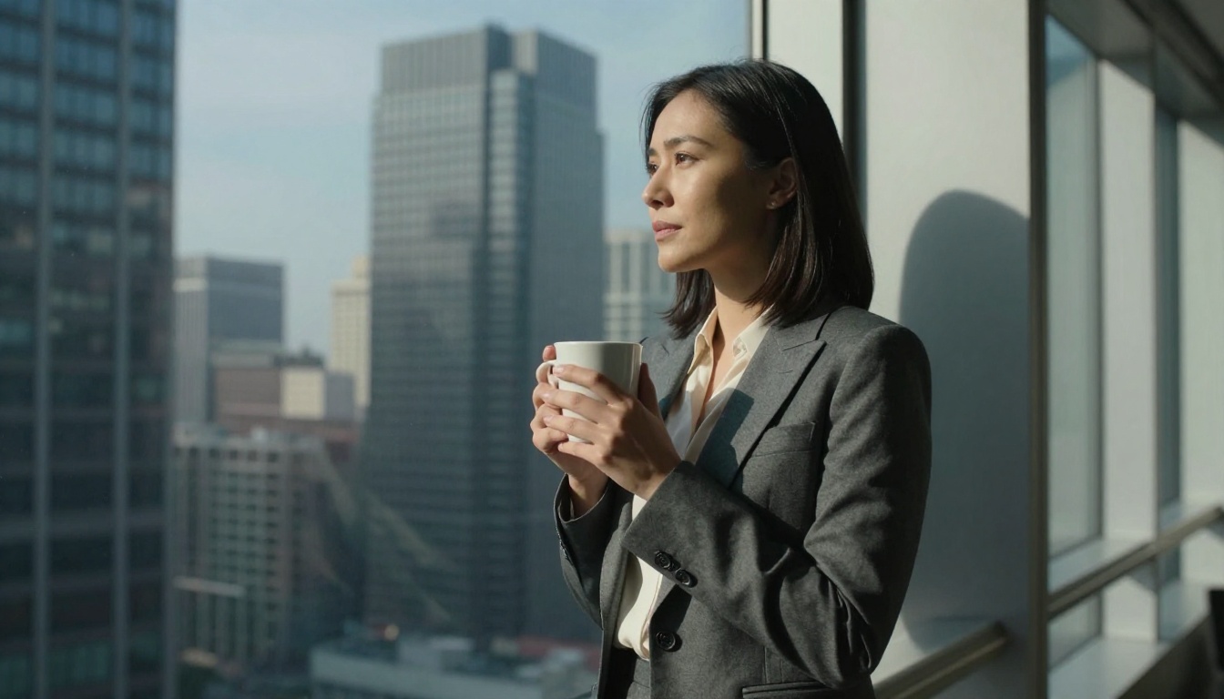 Woman in a charcoal suit standing at a high-rise office window, holding a coffee mug, looking out over the city skyline