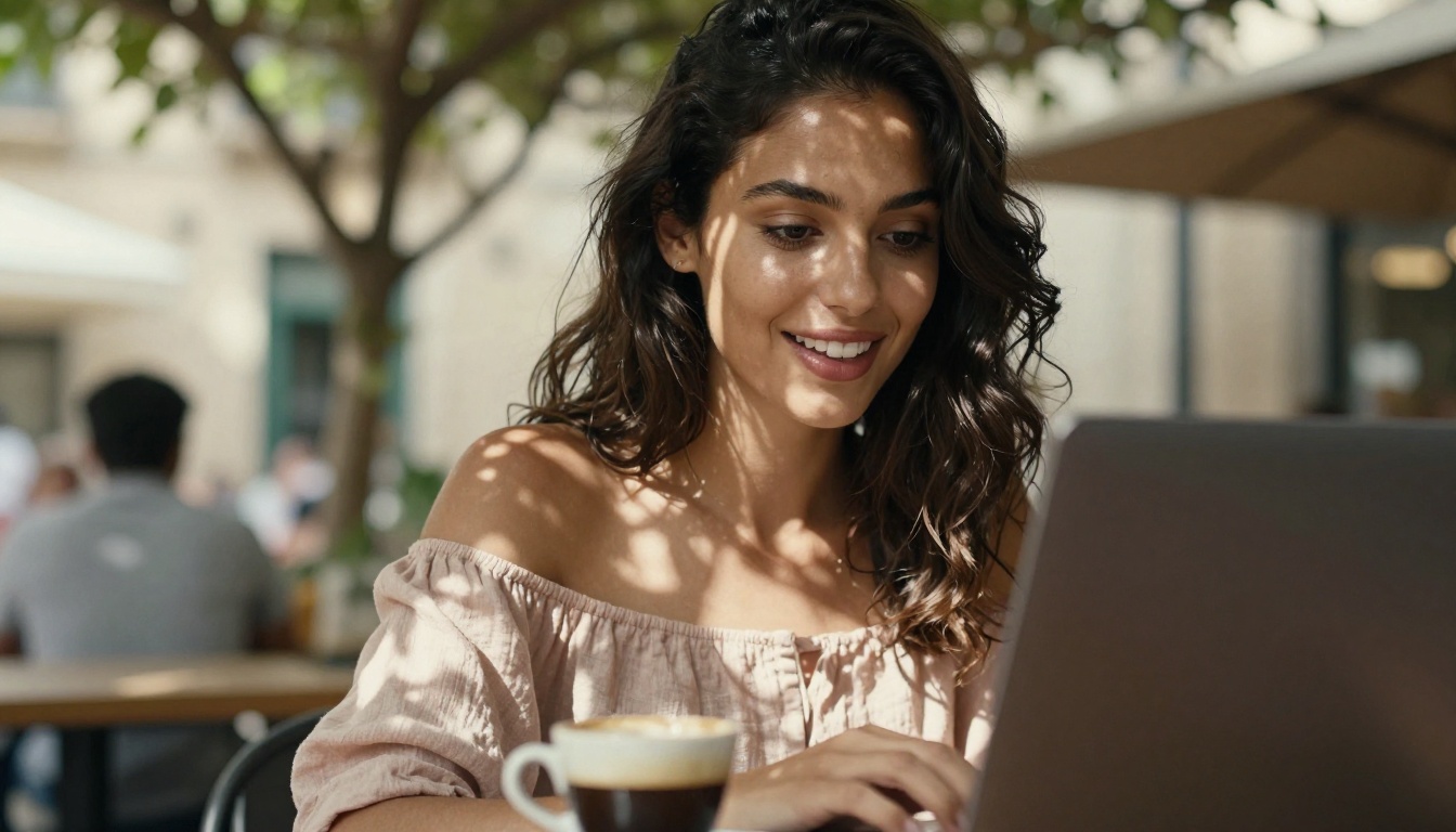 A woman at an outdoor café delights at AI-generated artwork on her laptop screen