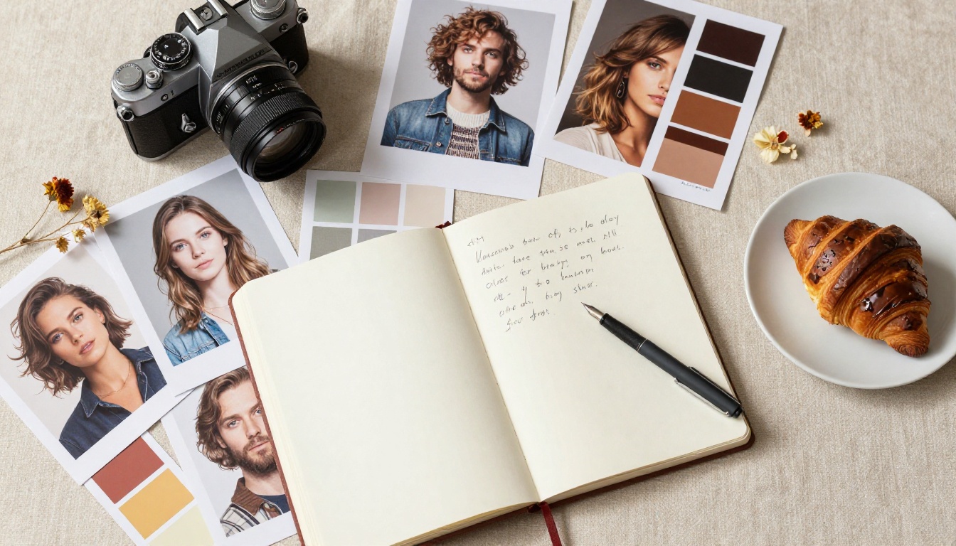 Creative designer's flat lay workspace with printed AI-generated portraits, film camera, sketchbook, and art supplies on a linen surface
