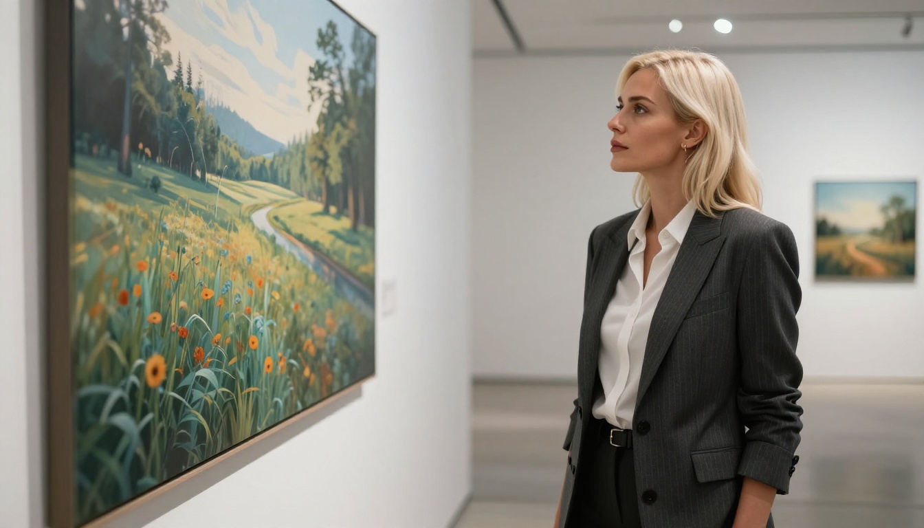A woman with a platinum blonde hair studying AI-generated prints in a modern art gallery