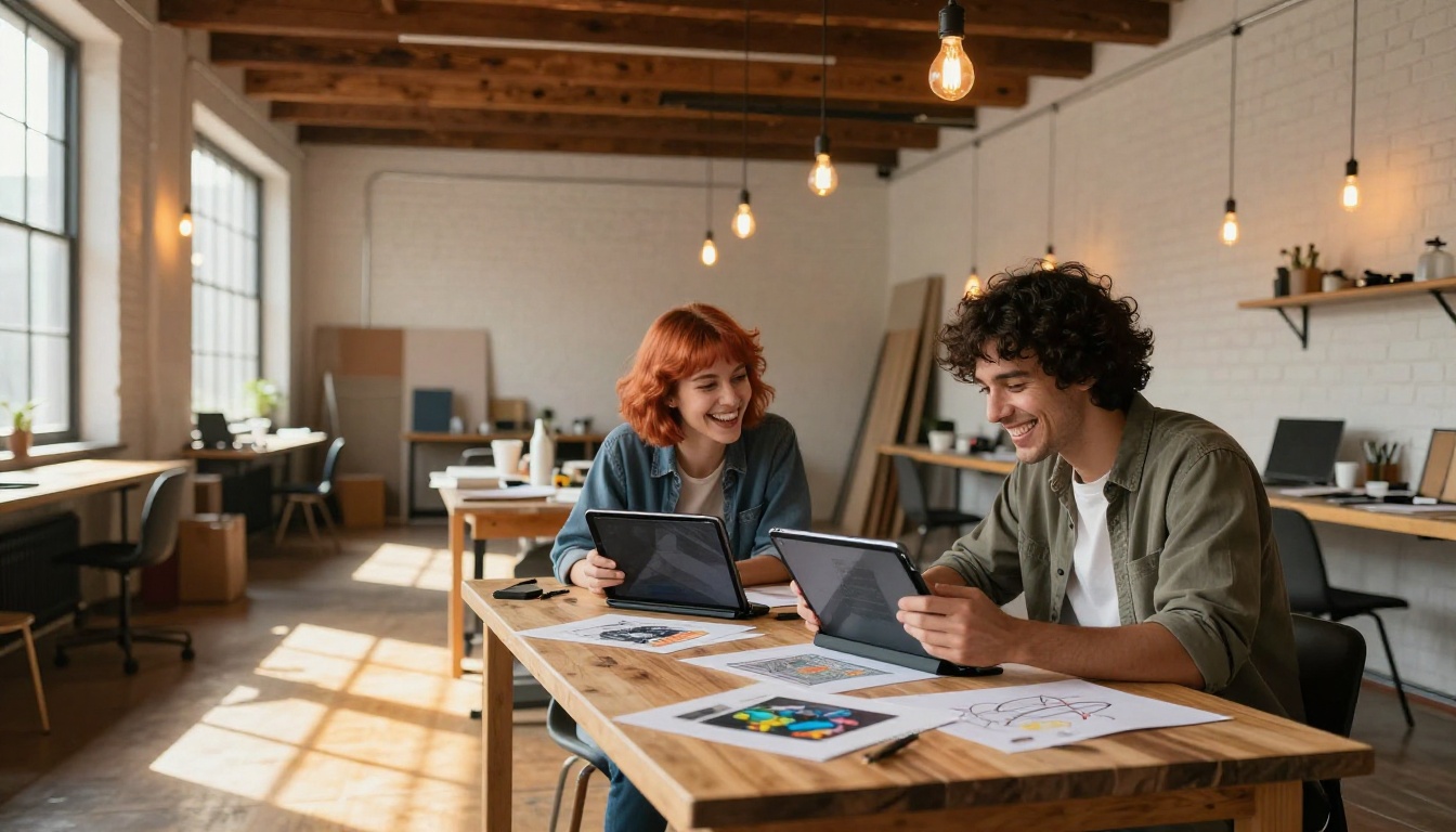 Two creative professionals laughing while reviewing AI-generated artwork on tablet screens in a collaborative studio