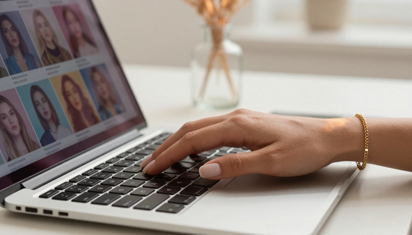Close-up of female hands typing on a laptop, screen reflecting a grid of AI-generated portraits