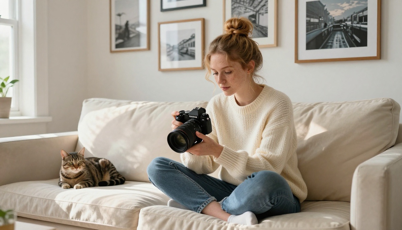 A woman photographer reviewing camera shots on a cream velvet sofa, gallery wall behind her with AI-generated prints
