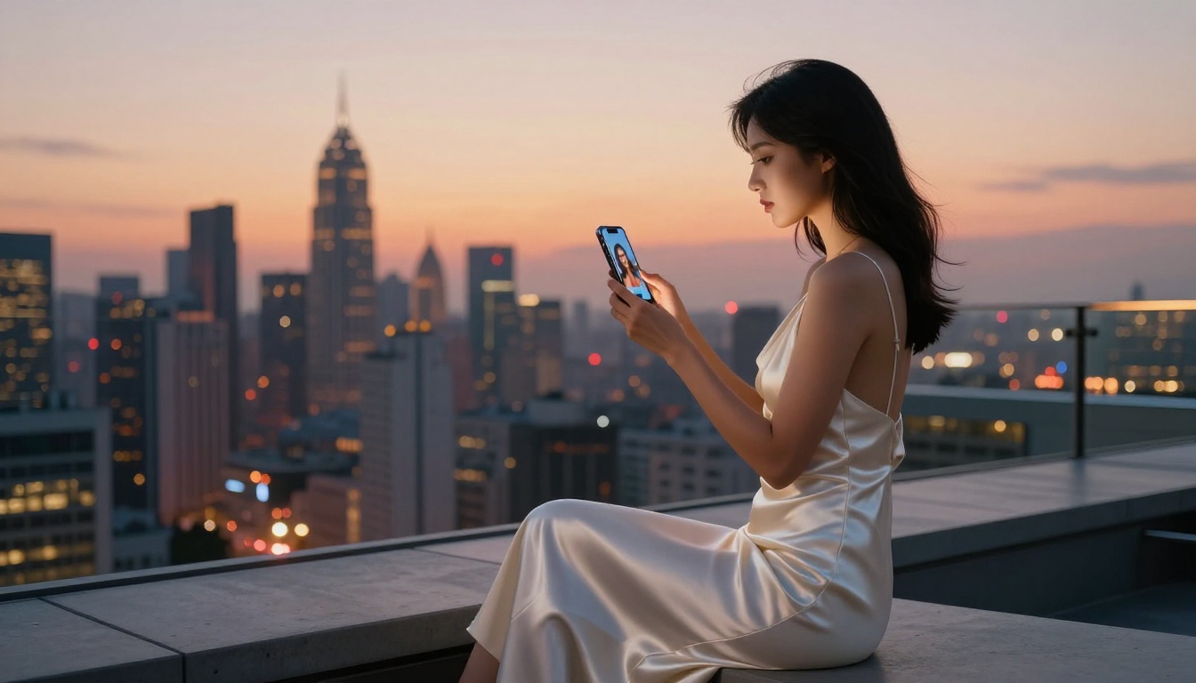 A young woman on a rooftop at sunset viewing AI-generated artwork on her smartphone, cityscape glowing behind her