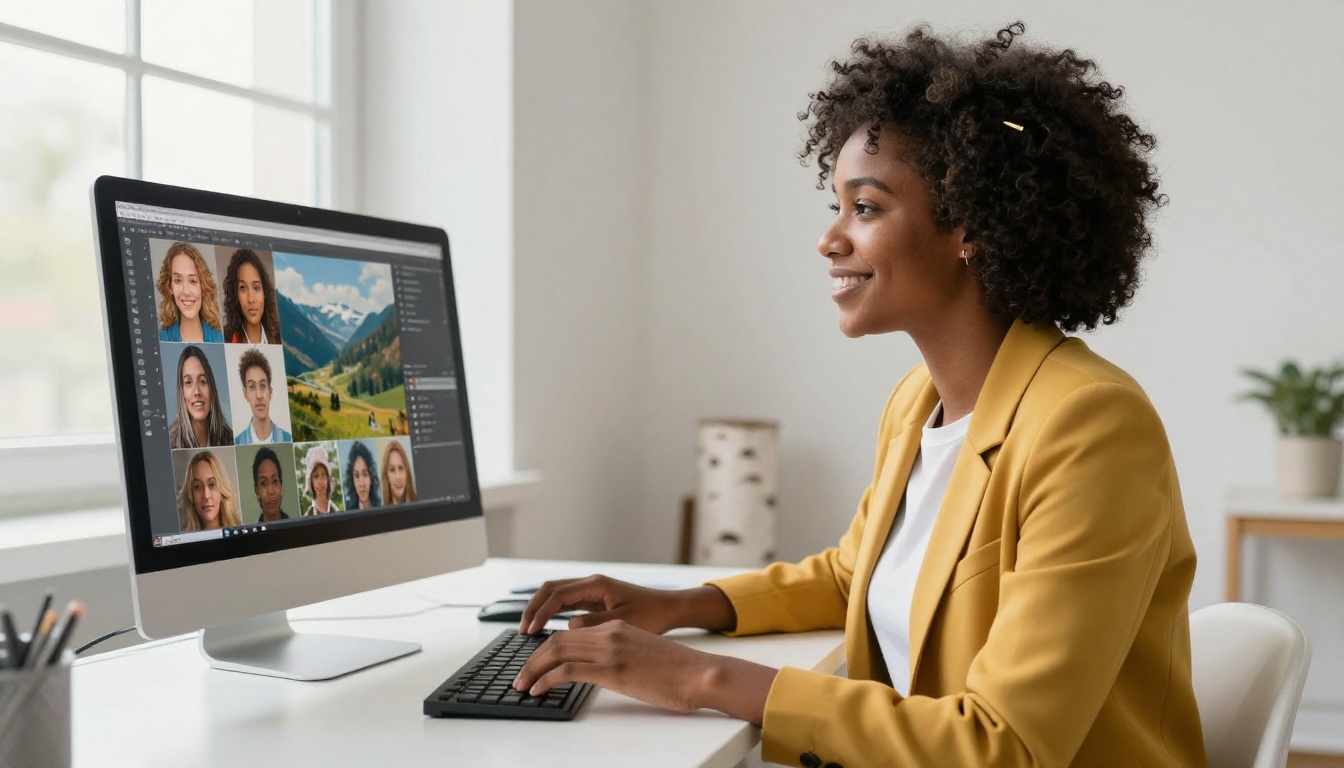 A woman in a mustard yellow blazer smiling at a monitor showing a mosaic of AI portraits and landscapes