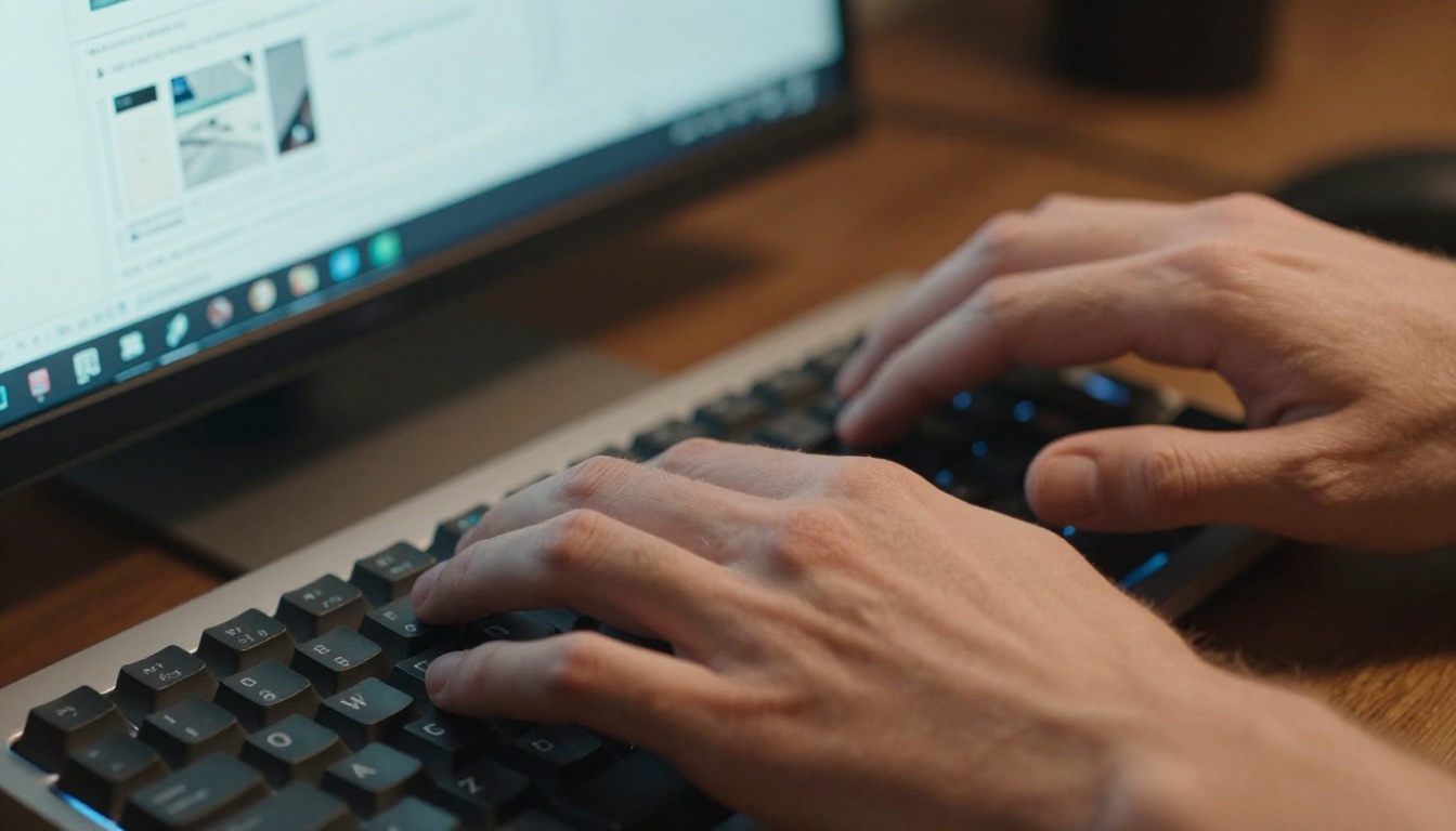 Creator at keyboard generating AI video, hands on backlit mechanical keyboard Creator at keyboard generating AI video, hands on backlit mechanical keyboard