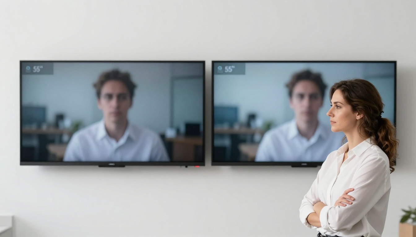 Technology researcher comparing AI video outputs side by side on large monitors