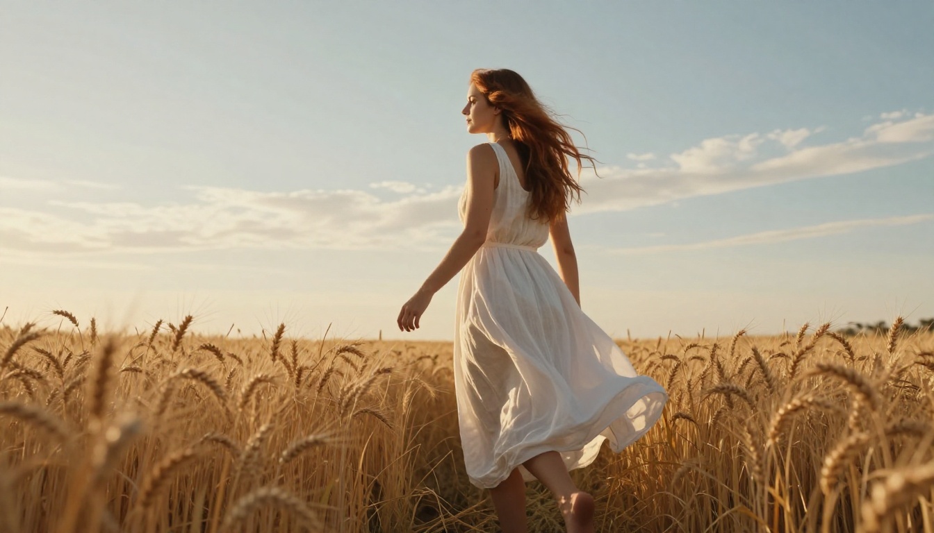 A woman walking barefoot through a golden-hour wheat field, consistent lighting and motion throughout