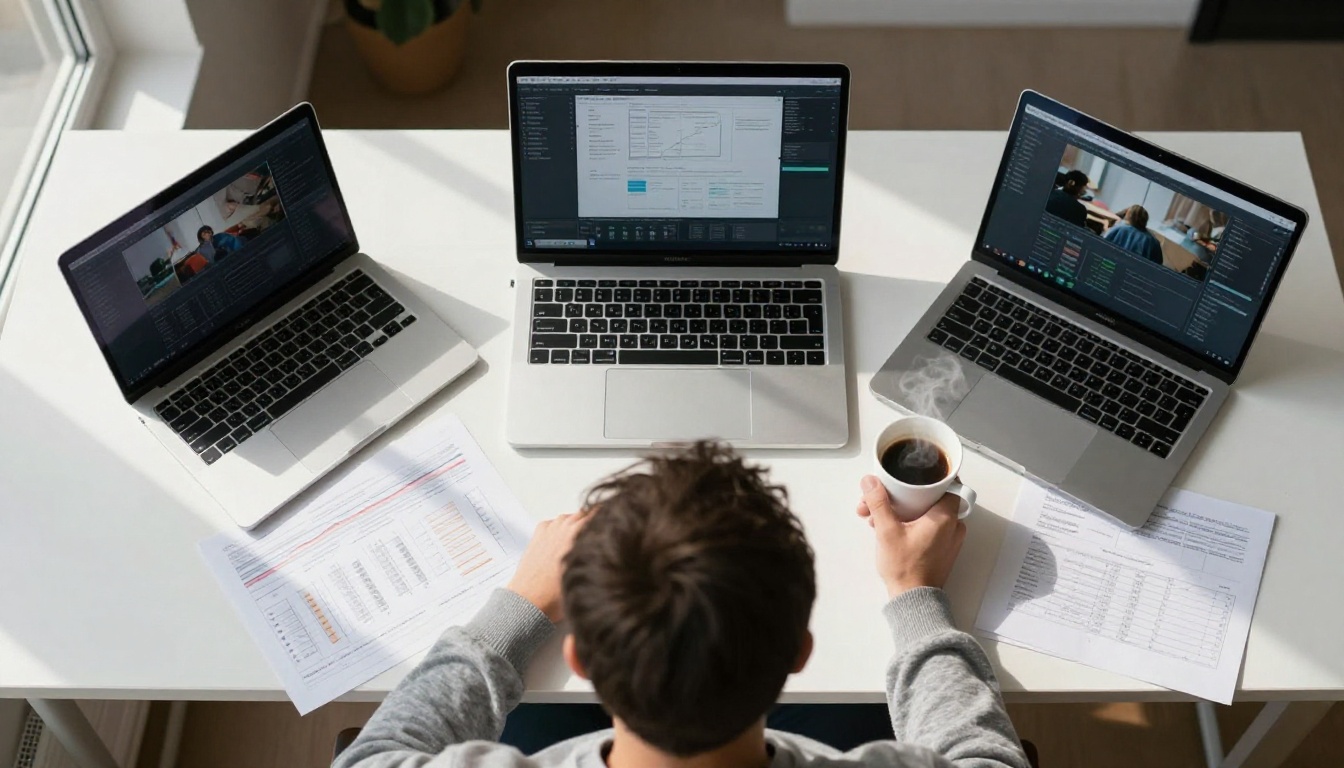 Software engineer reviewing printed benchmark charts from an aerial overhead perspective Software engineer reviewing printed benchmark charts from an aerial overhead perspective
