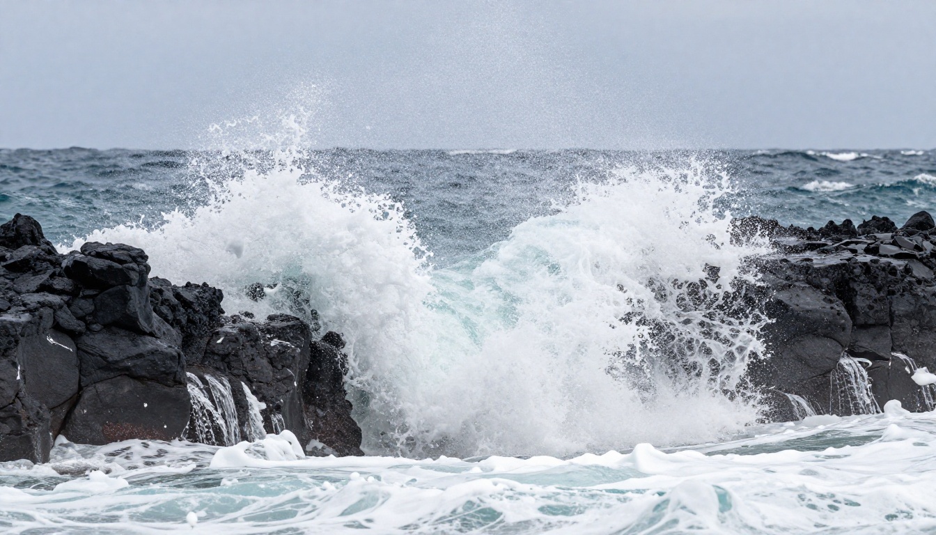 Powerful ocean waves with accurate physics simulation, water spray frozen mid-air