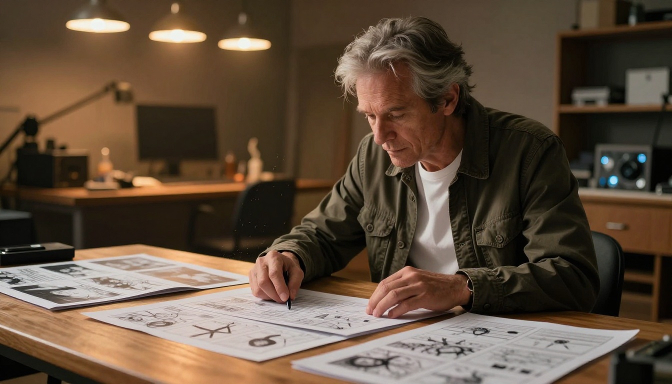 Film director reviewing storyboard panels in production studio with warm lighting