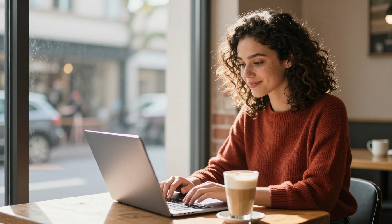 A young woman creator working on AI video projects in a sunlit coffee shop A young woman creator working on AI video projects in a sunlit coffee shop