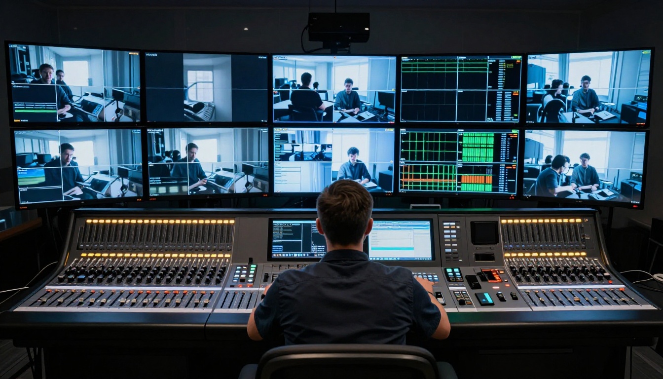 Professional video engineer at a broadcast mixing console with multiple monitors