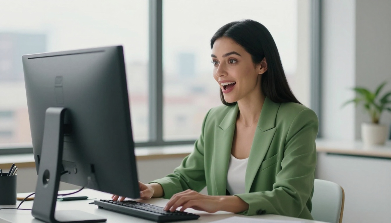 Creative professional reacting with excitement to impressive AI video results on screen Creative professional reacting with excitement to impressive AI video results on screen
