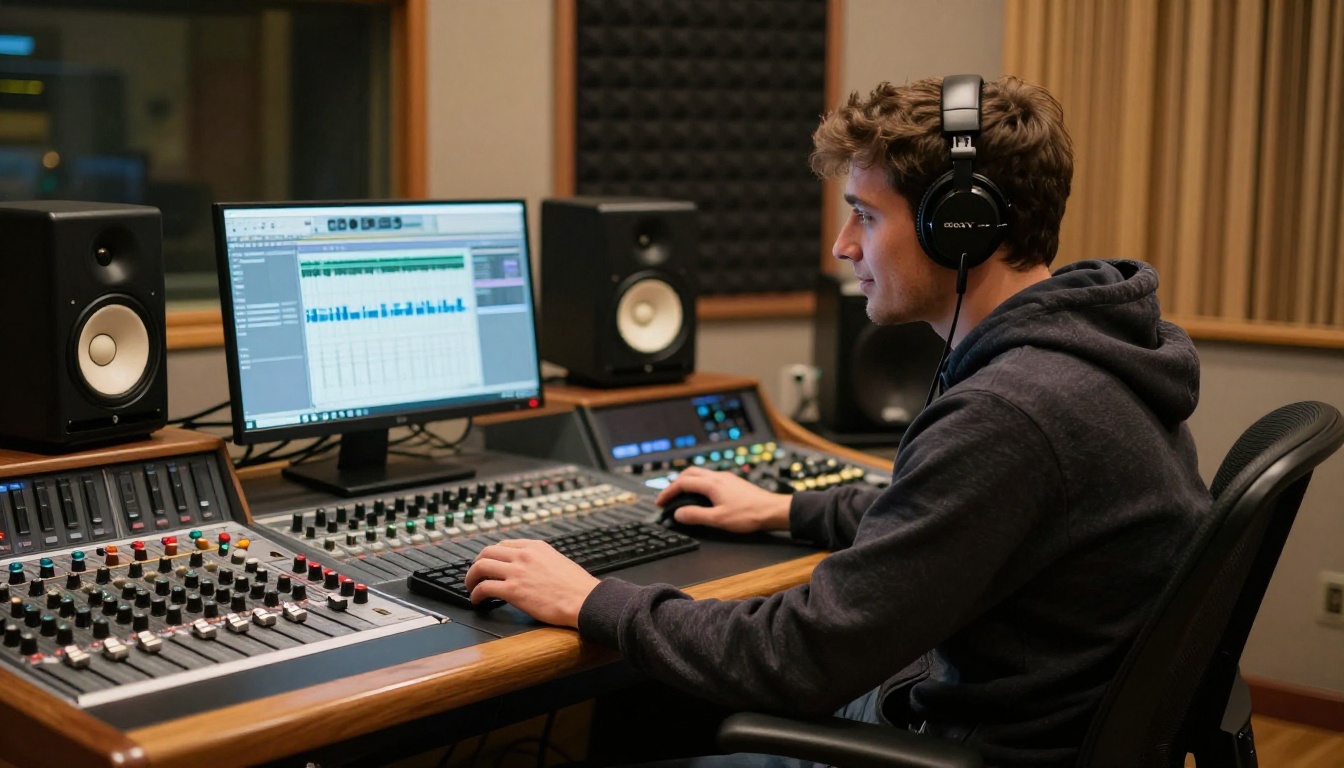 Music producer at a professional recording studio workstation