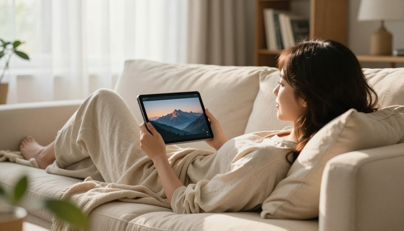 Woman watching cinematic AI video content on a tablet at home