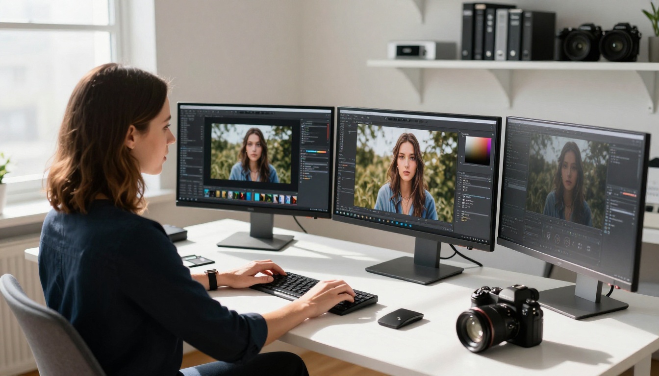 Professional photographer editing high-resolution portraits at a large monitor desk