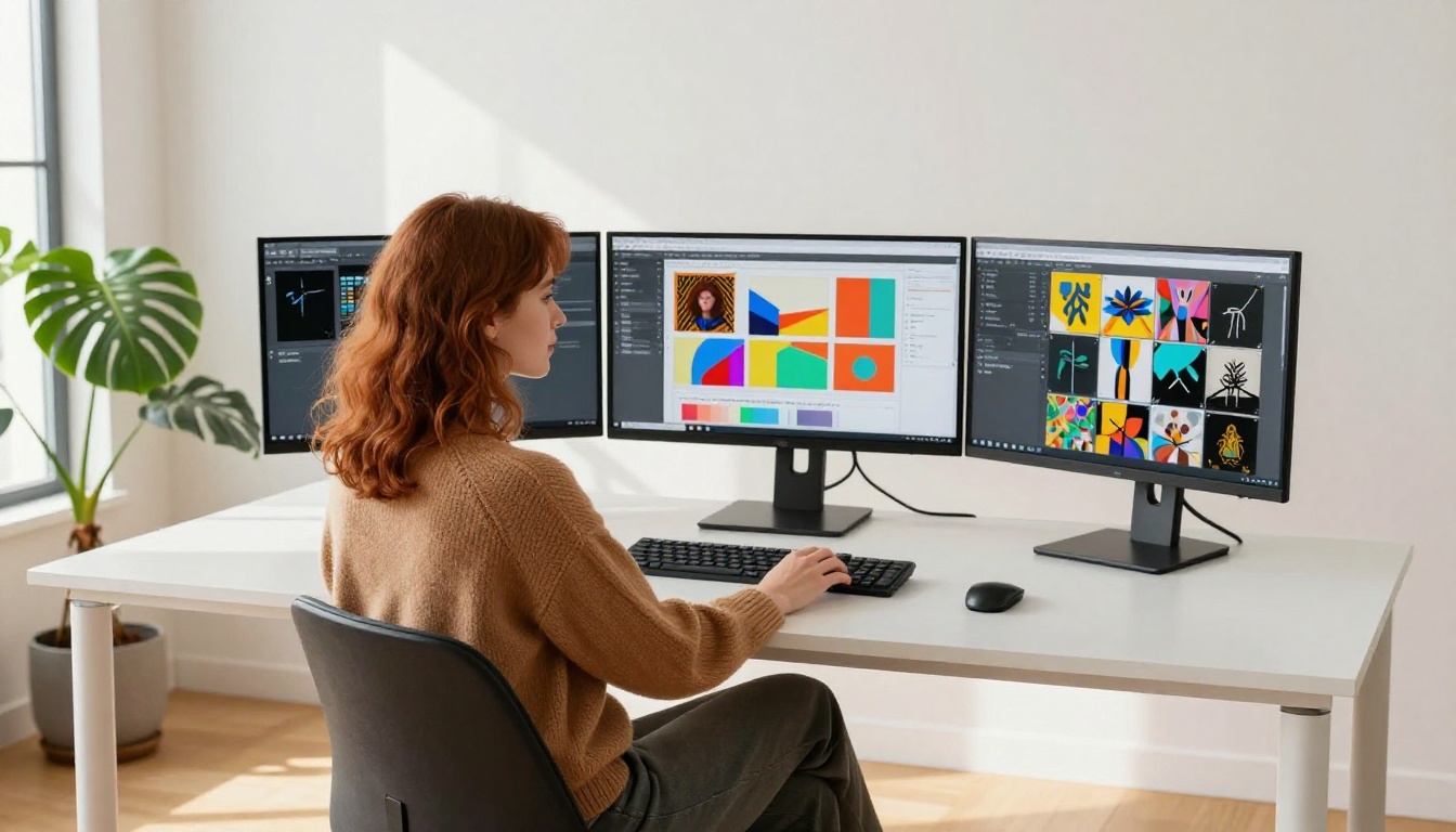 Woman at a multi-monitor creative workspace generating AI images