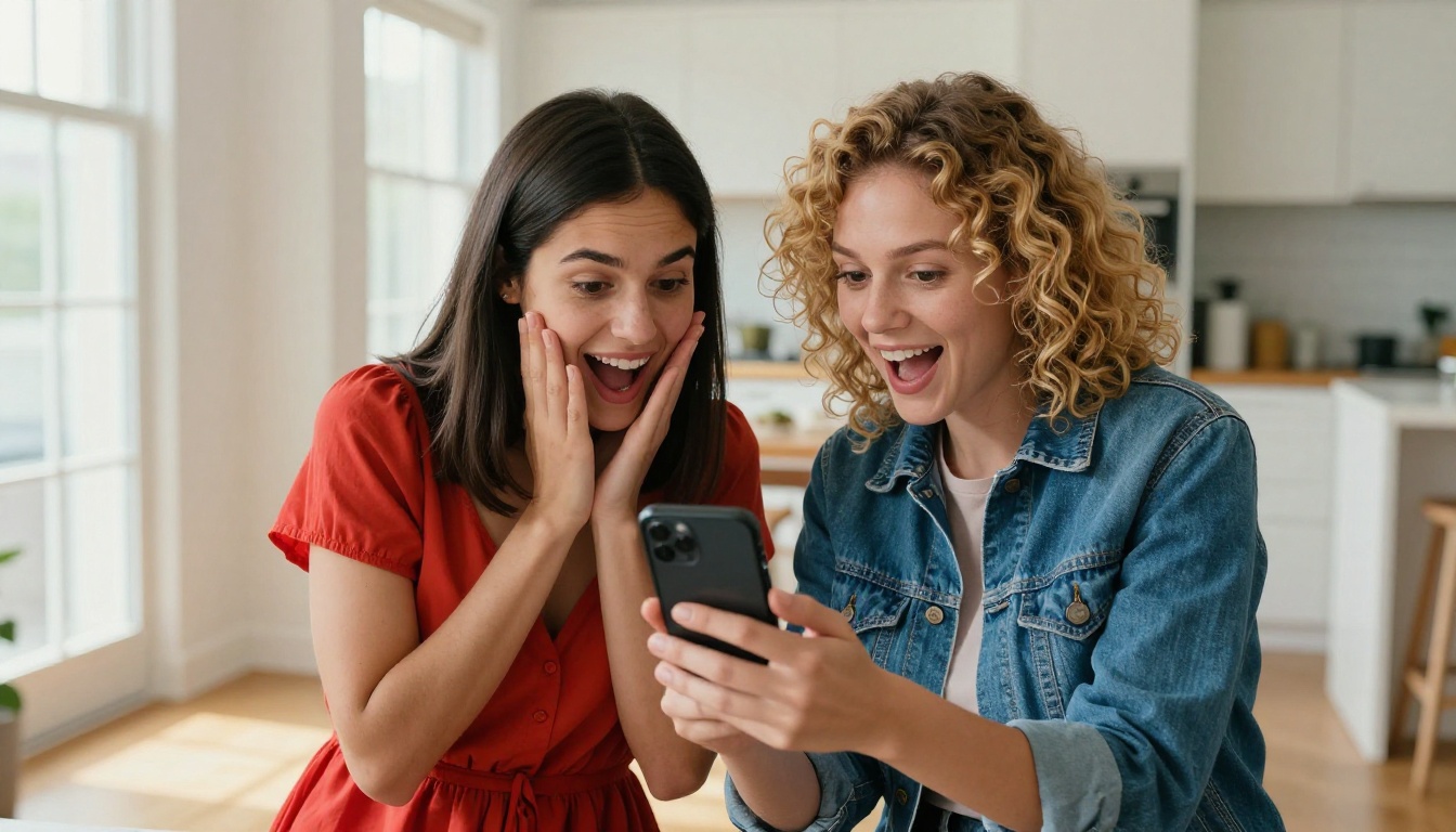 Two women sharing and reacting to AI-generated content on a smartphone