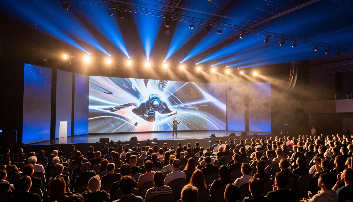 Packed tech conference hall with attendees watching a massive AI imagery announcement on a curved LED stage screen