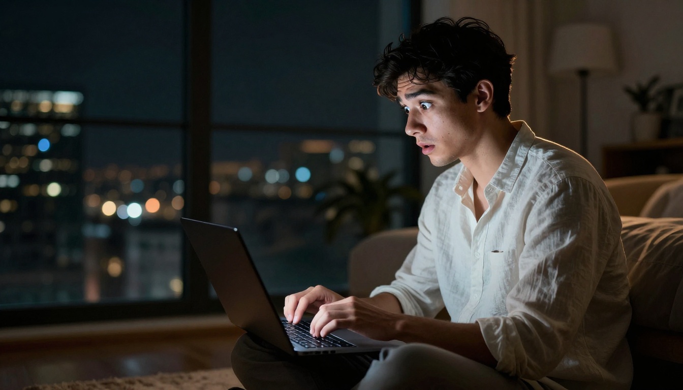 Young man in late 20s staring at laptop screen with wide eyes and jaw dropped in disbelief