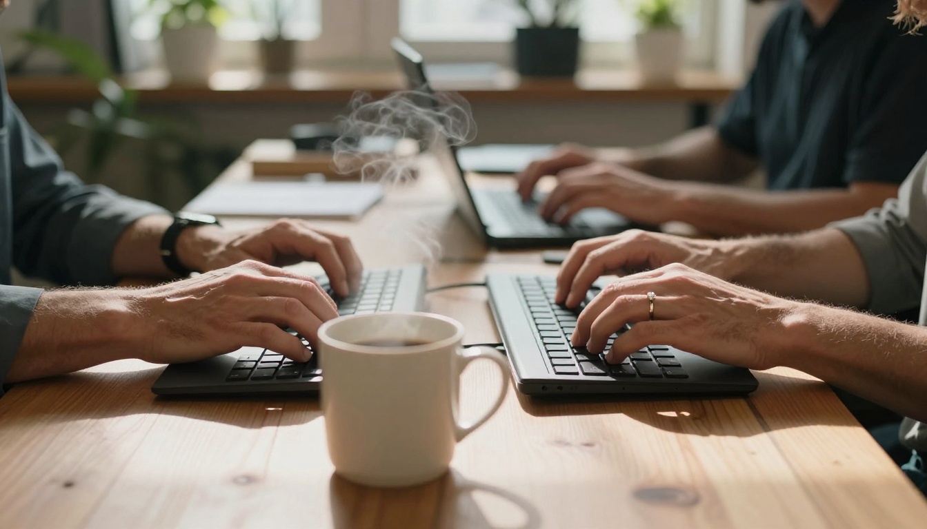 Two people's hands typing side by side on keyboards at a communal wooden desk, collaborating on creative work