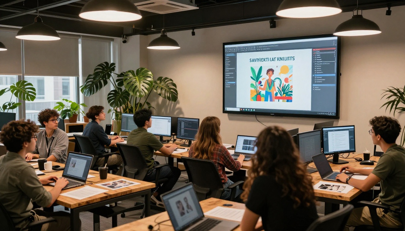 Wide shot of a modern creative agency team frozen mid-conversation, all staring at an AI-generated image on a wall-mounted screen