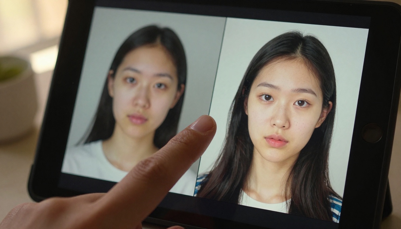 Extreme close-up of a finger hovering over a tablet screen displaying two AI-generated portrait images side by side