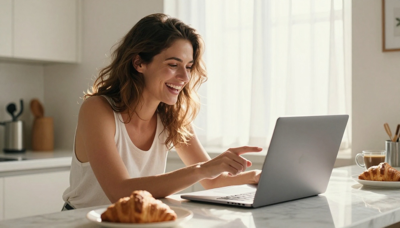 Attractive woman laughing genuinely at a laptop screen while sitting at a sunlit kitchen island with coffee and a croissant nearby