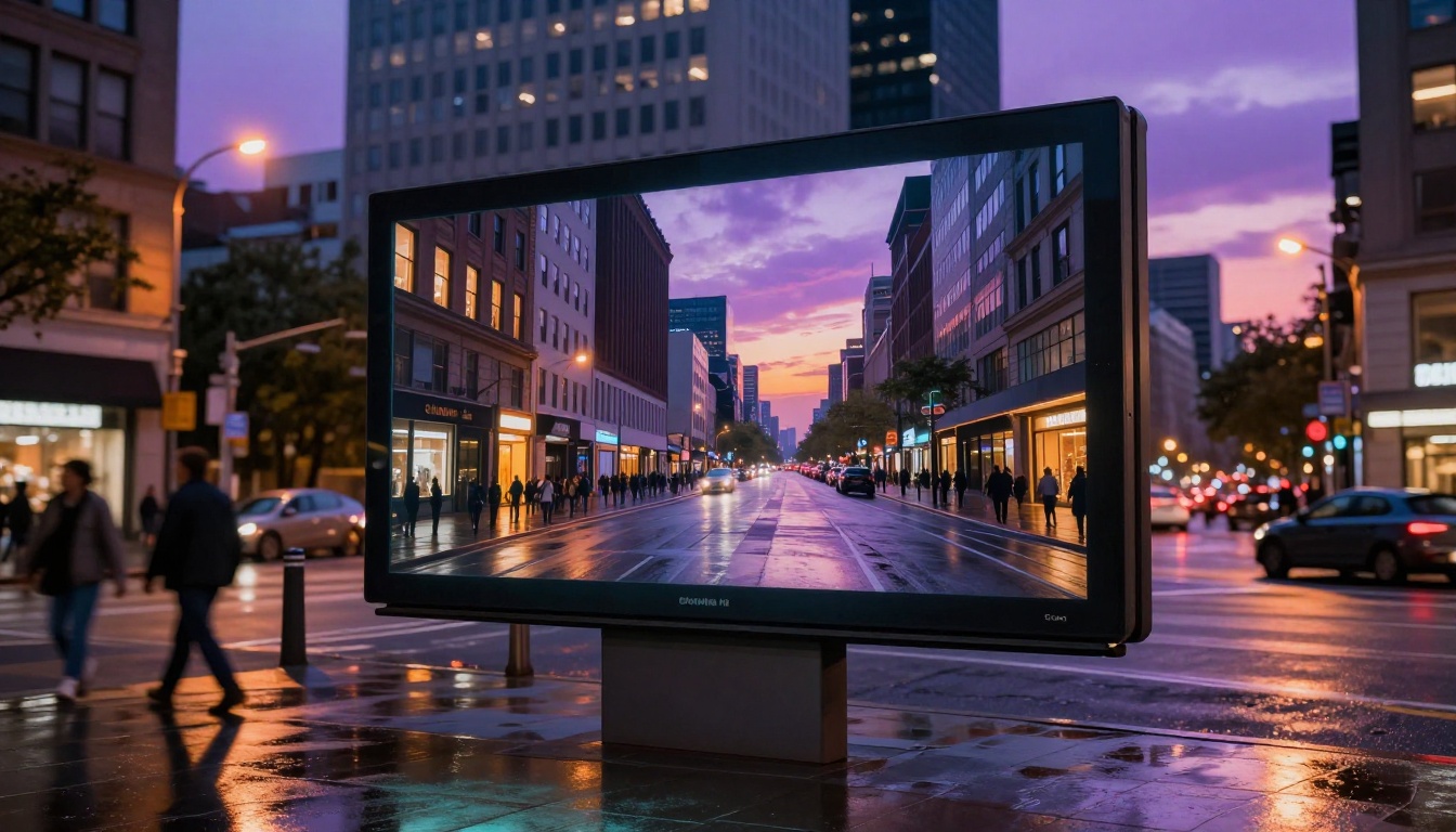 Low-angle upward shot of a large outdoor digital billboard on a city street at dusk, displaying an AI-generated landscape image