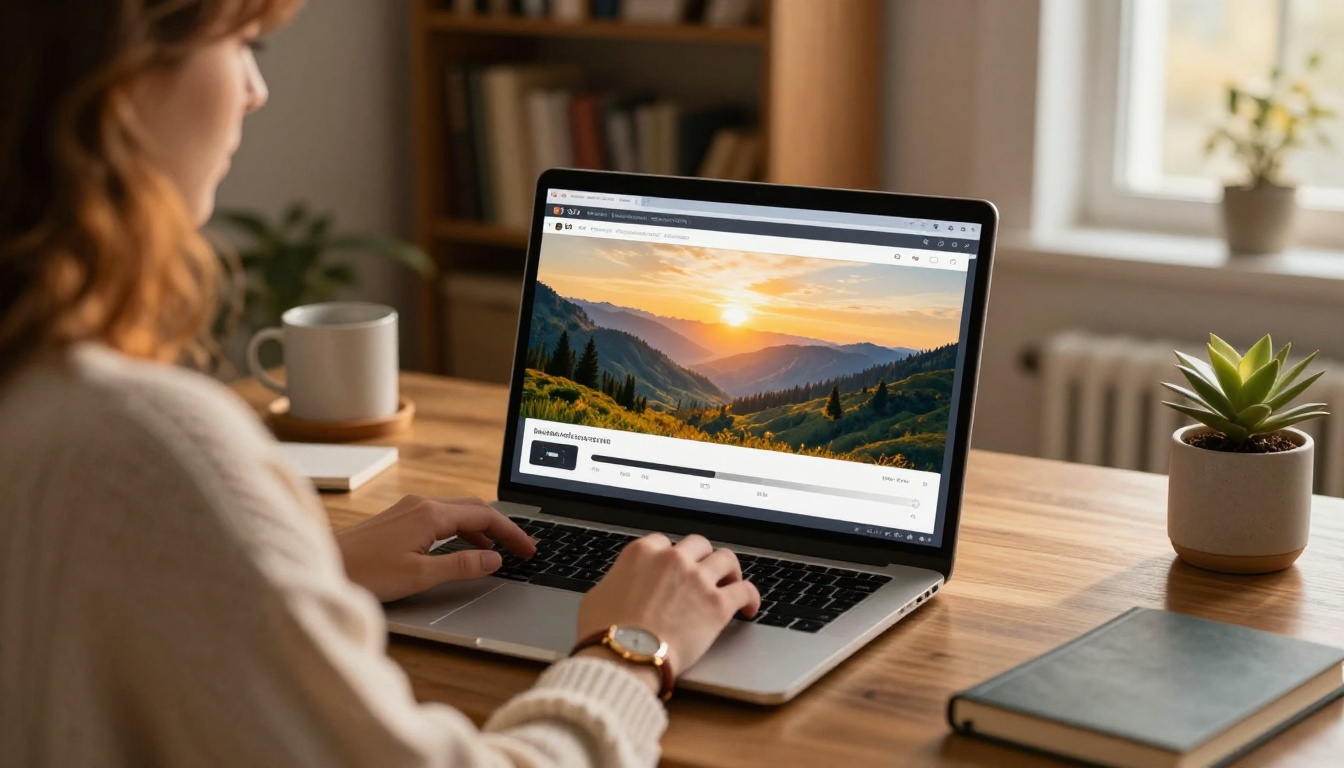 Woman in a cozy knit sweater browsing an AI image generation platform on her laptop, warm golden hour light streaming from the window