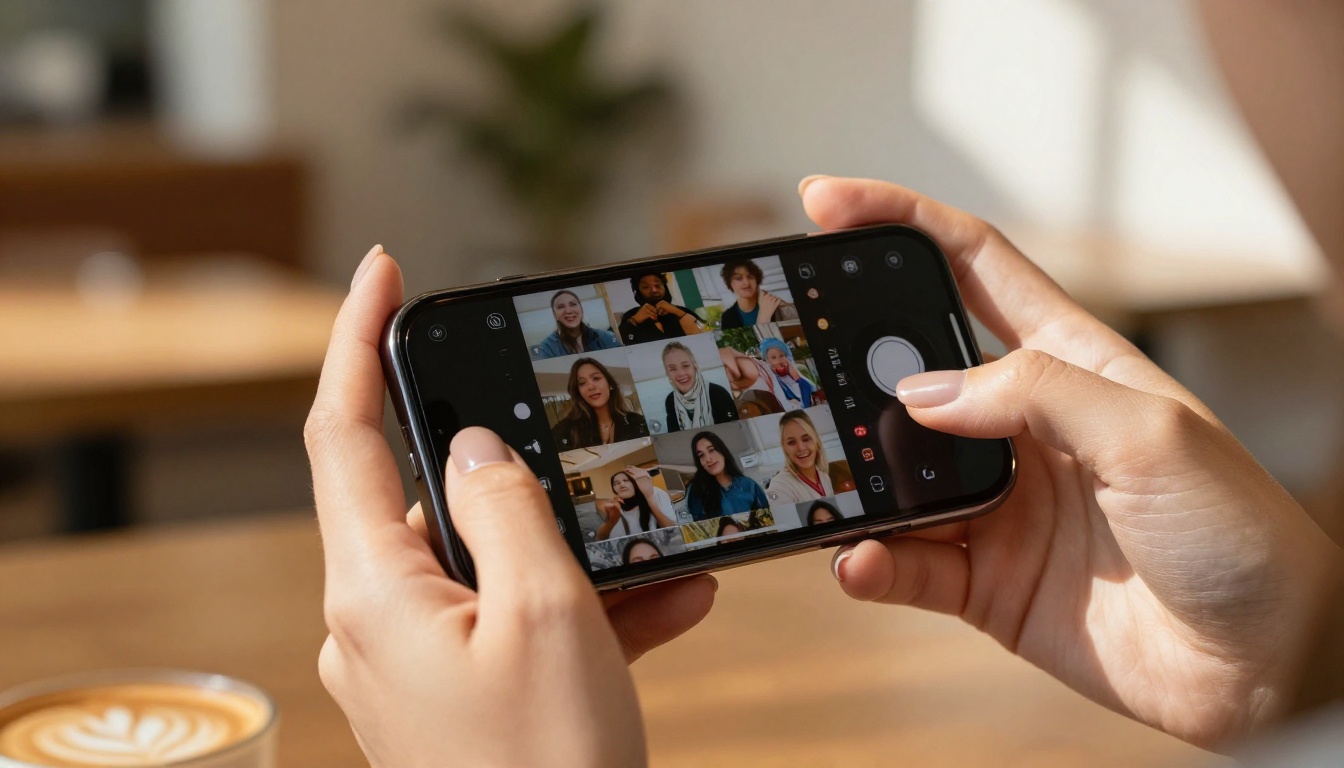 Creator scrolling AI-generated video content on smartphone in warm coffee shop setting