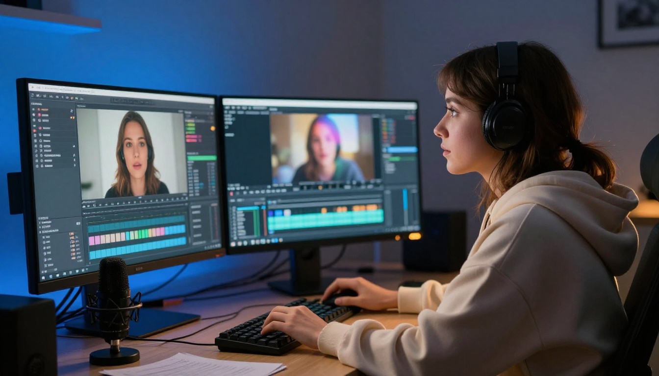 Content creator woman at dual-monitor workstation editing AI video content, warm desk lamp and blue monitor glow