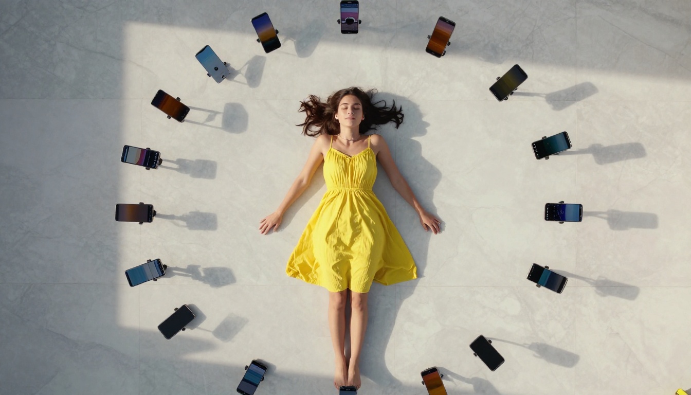 Aerial overhead drone shot of woman in yellow dress on white marble floor surrounded by smartphones on tripods