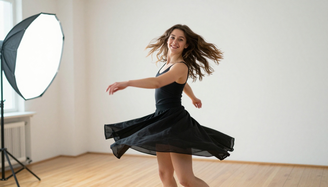Young woman mid-dance with natural motion blur captured in bright minimalist white studio