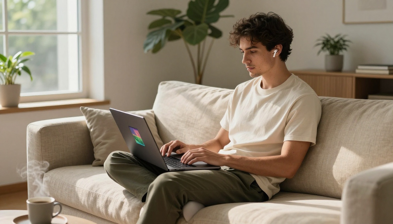 Young man on minimalist beige linen couch with laptop showing AI video interface, morning window light