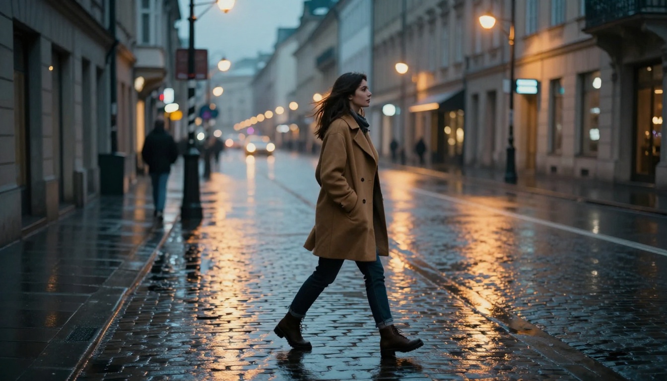Cinematic full-body street portrait with moody city lights reflecting on wet cobblestones, rim lighting around the subject's silhouette, 8K photorealistic RAW photography