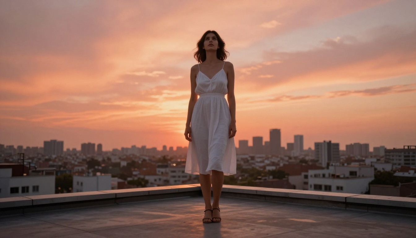 Low-angle rooftop portrait at sunset with warm golden-pink sky and city skyline in soft bokeh, photorealistic 8K RAW outdoor photography