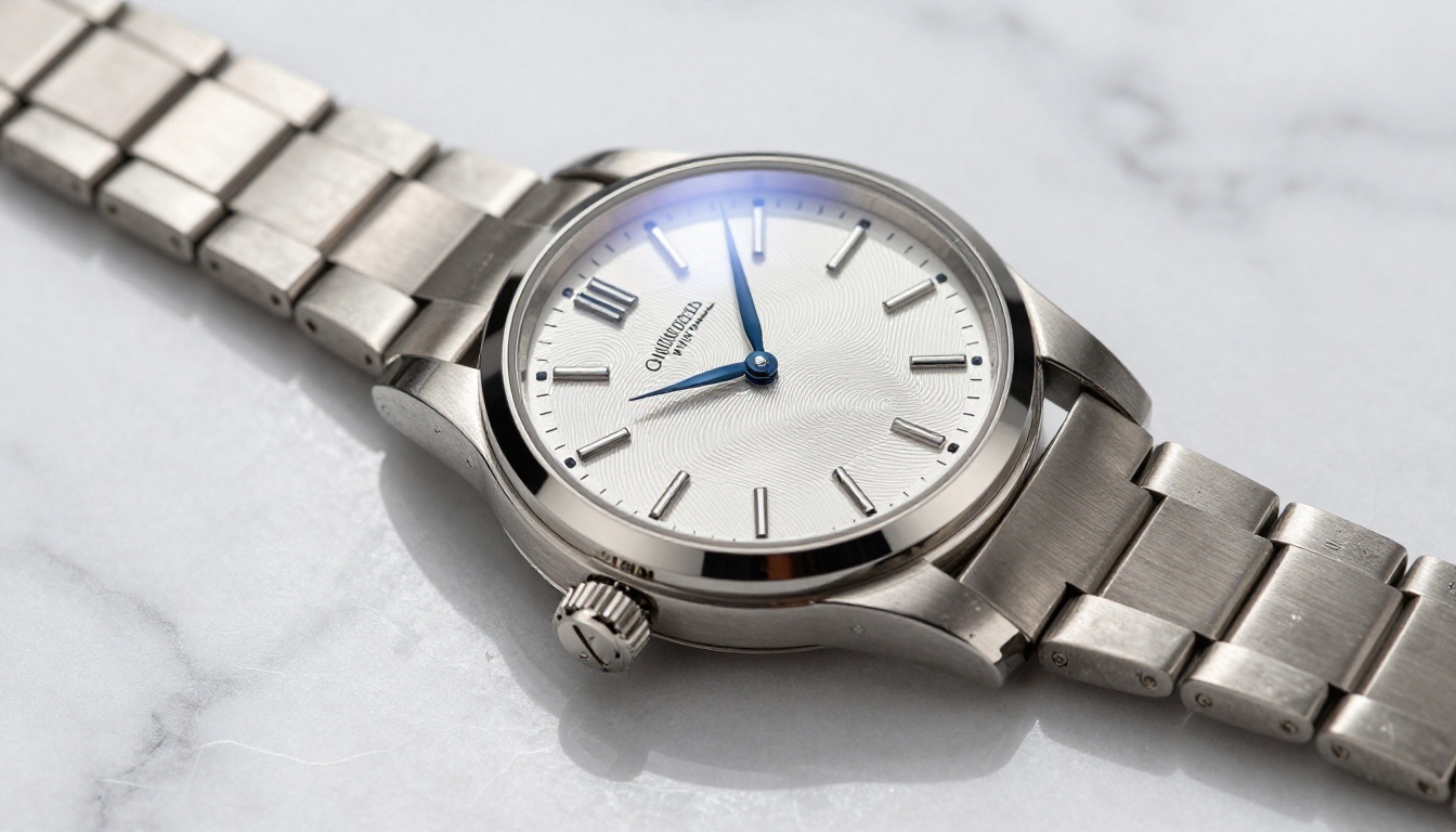 AI-generated luxury product photography of a mechanical watch on polished marble, showing specular highlights and intricate dial detail under directional studio light