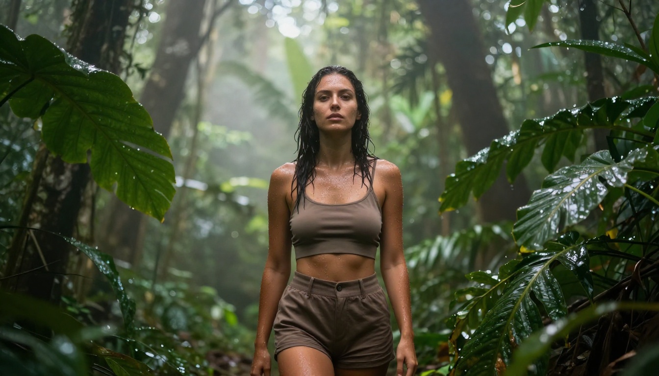 Woman in a tropical forest environment with dappled sunlight and morning mist, environmental portrait with natural humidity and green bokeh, 8K photorealistic RAW portrait